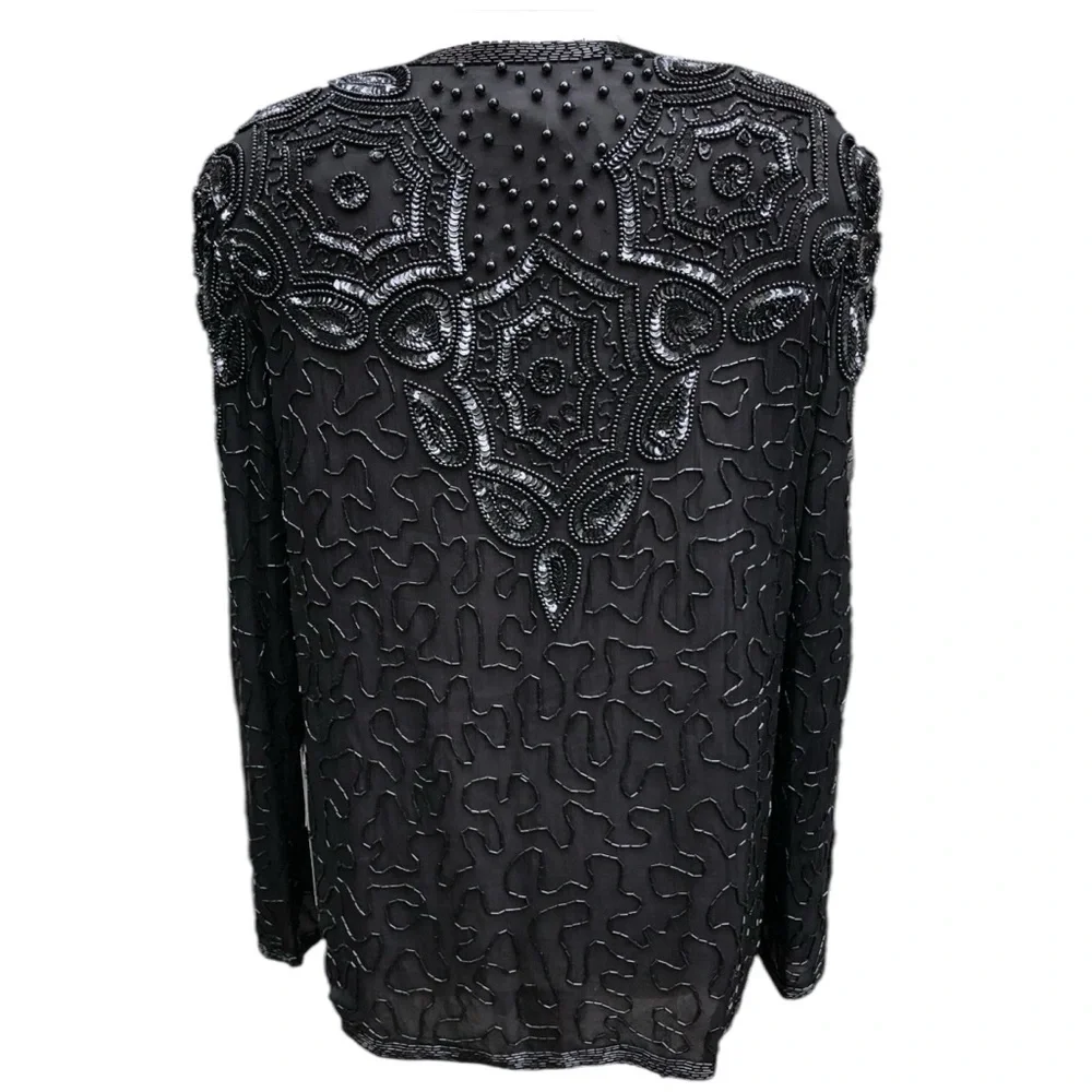 🎉HP! ❤️ Vintage Gothic x Steampunk Adrianna Papell Black Silk Beaded Jacket - Picture 5 of 9